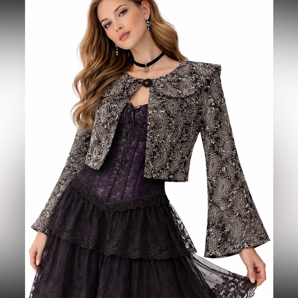 Vintage 90s Metallic Lace Cropped Jacket Bell Sleeves Romantic Sz L Whimsigoth